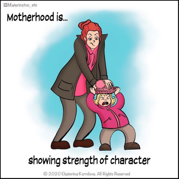 Cute Illustrations and comics on motherhood by Katya, Mom putting hat on child’s head