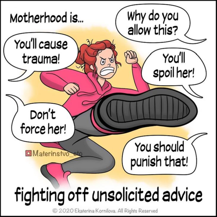Cute Illustrations and comics on motherhood by Katya, Woman fighting off unsolicited advice.
