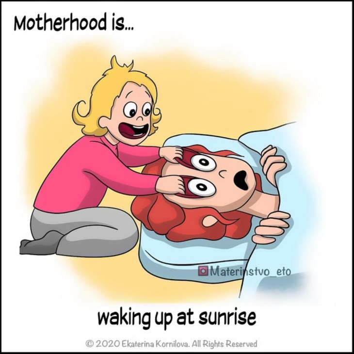 Cute Illustrations and comics on motherhood by Katya, Child opening mom’s eyes while she sleeps