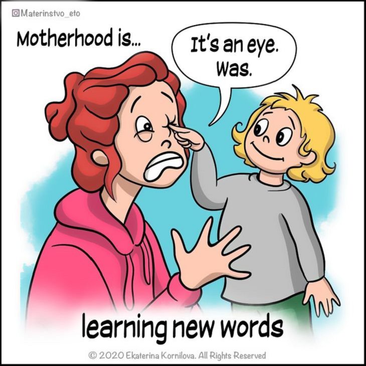 Cute Illustrations and comics on motherhood by Katya, Child poking mother’s eye