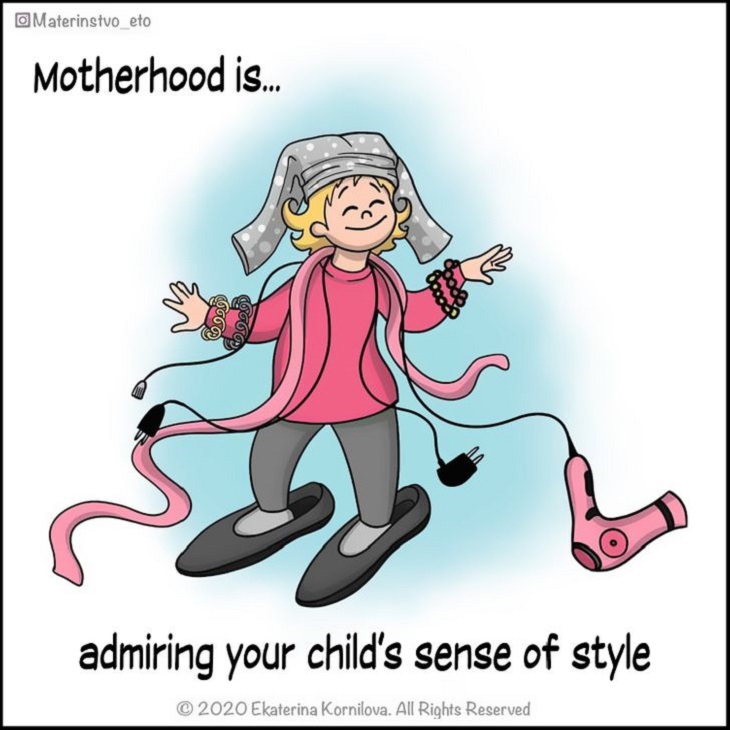 Cute Illustrations and comics on motherhood by Katya, Child dressed oddly