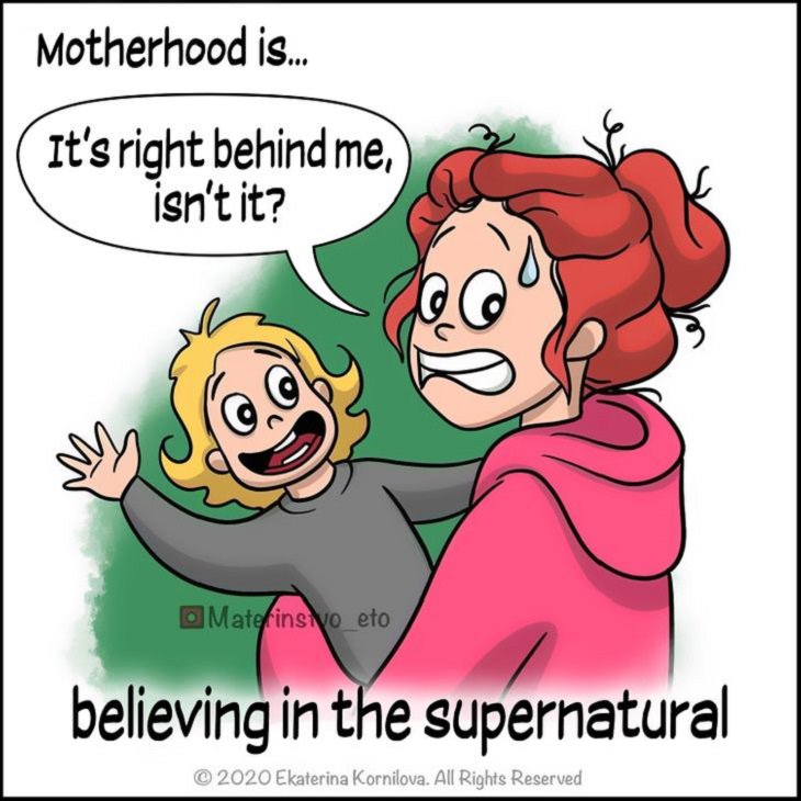Cute Illustrations and comics on motherhood by Katya, Mother holding child looking behind