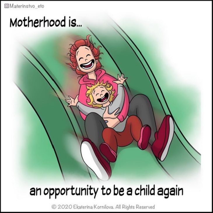 Cute Illustrations and comics on motherhood by Katya, Mother and child smiling as they go down a slide