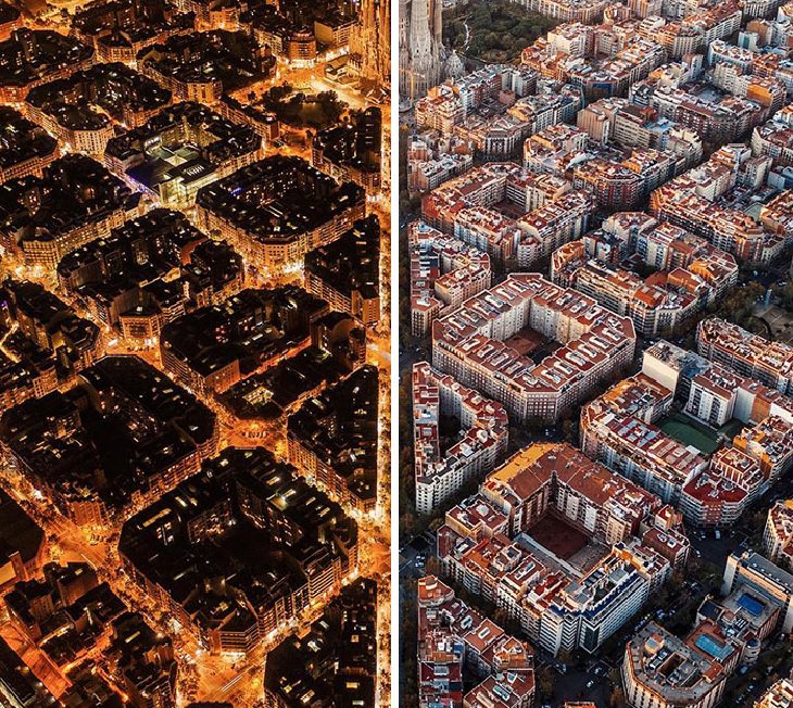 Amazing photographs that show differences, shapes and sizes through comparison, Barcelona at night and during the day