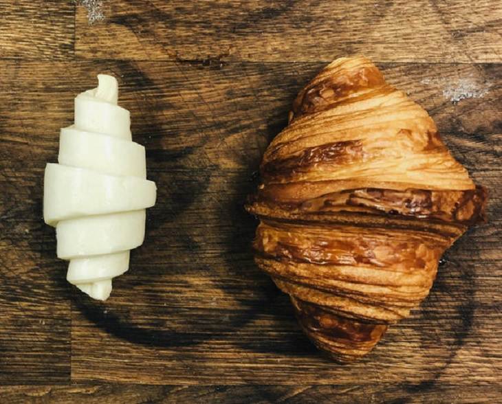 Amazing photographs that show differences, shapes and sizes through comparison, A professional baker’s croissant, before baking and after