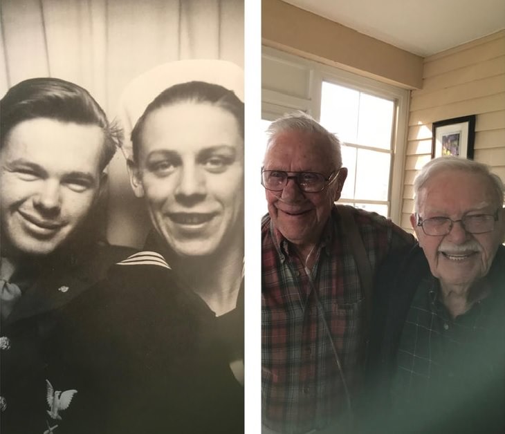 Amazing photographs that show differences, shapes and sizes through comparison, A grandfather and his Navy buddy together in 1943 and decades later after turning 93