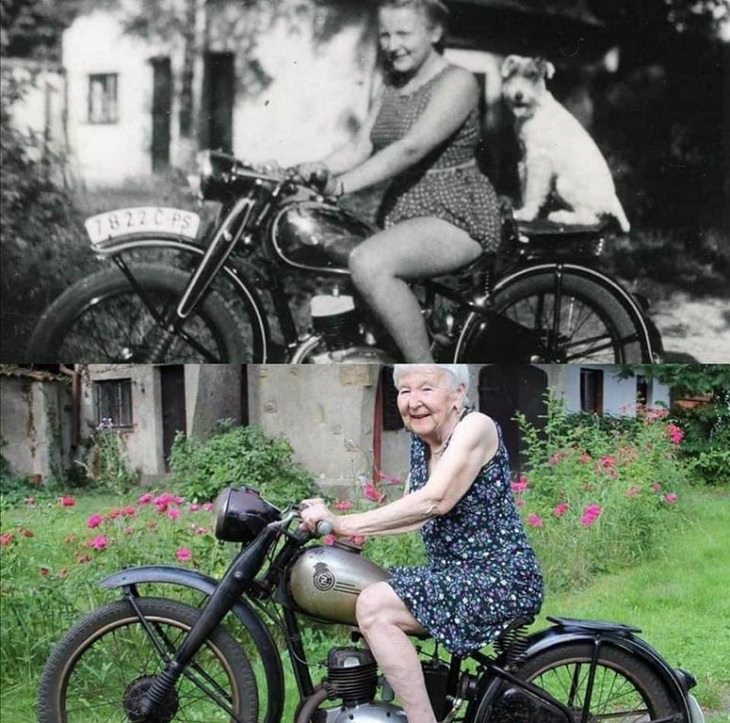 Amazing photographs that show differences, shapes and sizes through comparison, Girl sitting on the same motorcycle 71 years apart