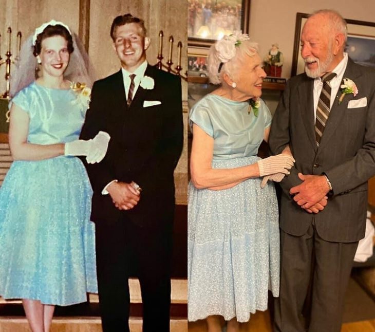 Amazing photographs that show differences, shapes and sizes through comparison, Wearing the same wedding clothes 60 years later
