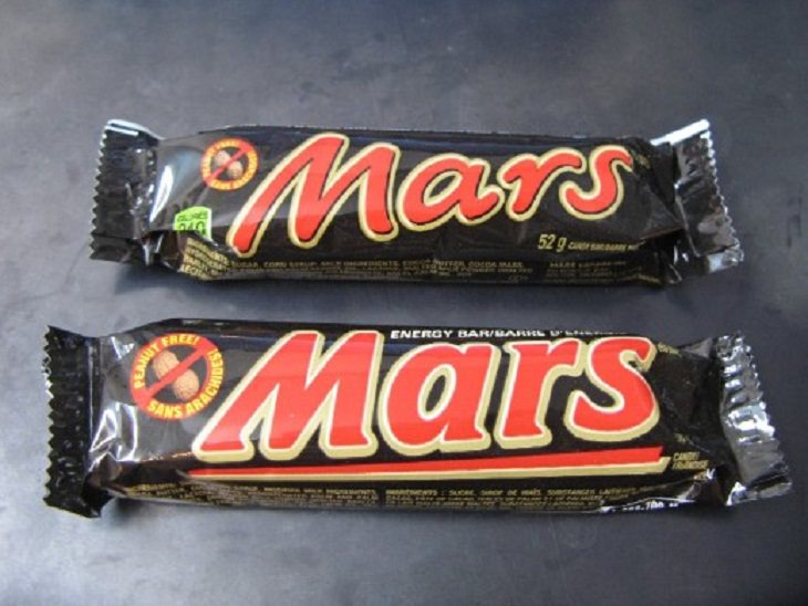 Downsizing and labelling marketing ploys done to trick Customers by big companies, Photograph with old large mars bar and smaller new one