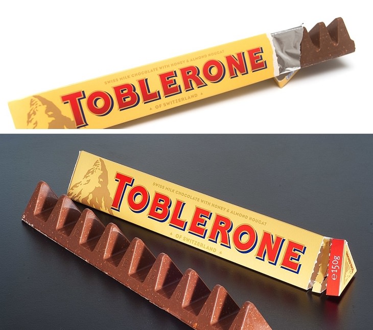 Downsizing and labelling marketing ploys done to trick Customers by big companies, Old and new toblerone bar