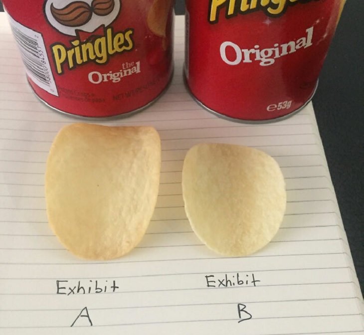 Downsizing and labelling marketing ploys done to trick Customers by big companies, Picture showing the size difference in old and new Pringles chips