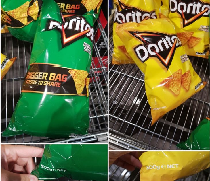 Downsizing and labelling marketing ploys done to trick Customers by big companies, Promotional doritos pack besides normal packet