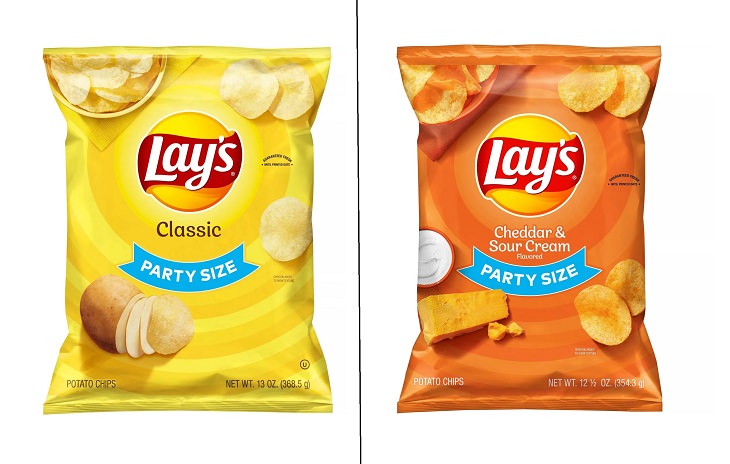 Downsizing and labelling marketing ploys done to trick Customers by big companies, Classic lays party size next to cheddar & sour cream party size