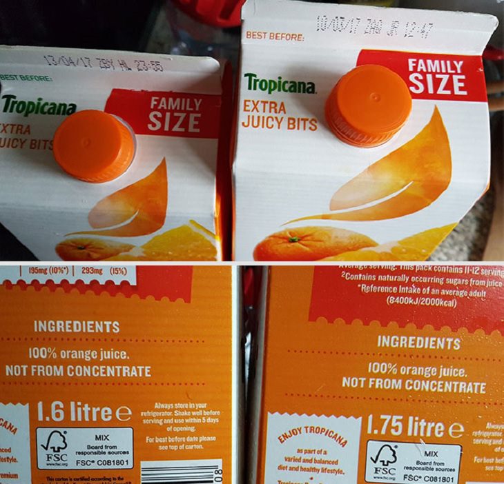Downsizing and labelling marketing ploys done to trick Customers by big companies, Side by side photographs of old larger and new smaller Tropicana family cartons