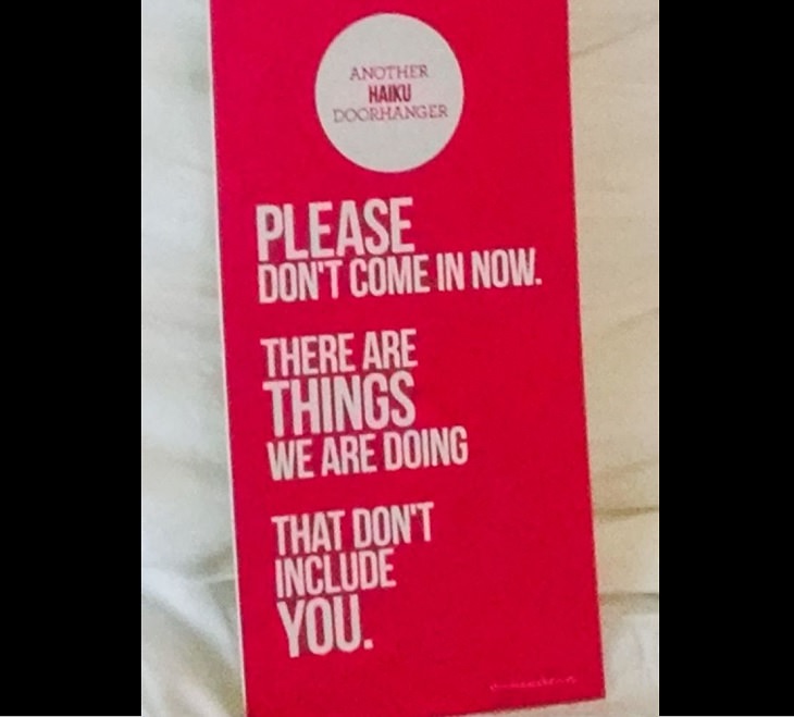 Hilarious “do not disturb” and “do not enter” signs, pink-red sign on doorknob that says "please don't come in, we're doing things that don't include you"