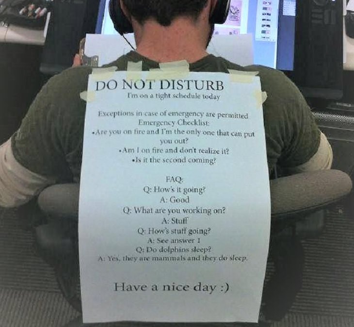 Hilarious “do not disturb” and “do not enter” signs, Do not disturb sign on persons back with a list of questions, answers and FAQs