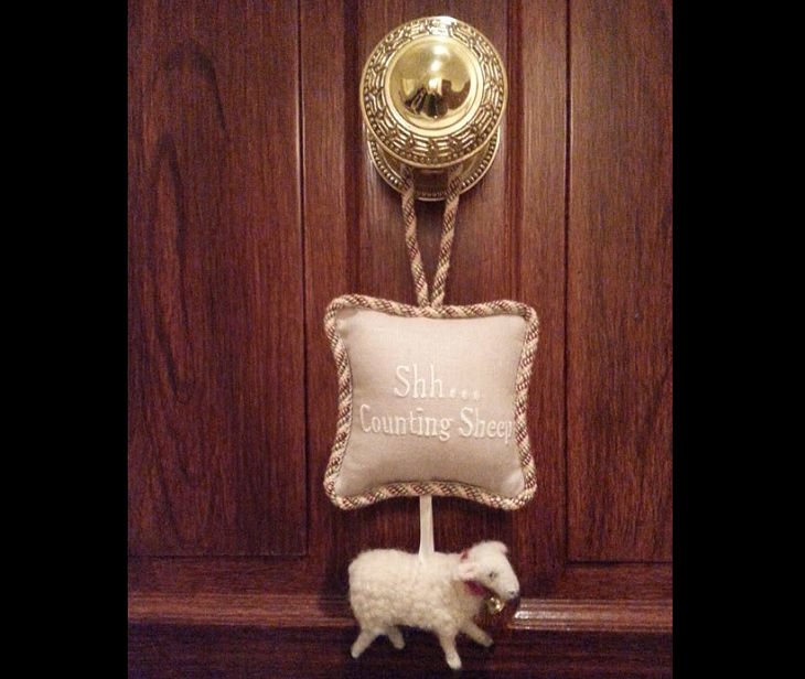 Hilarious “do not disturb” and “do not enter” signs, a small pillow with a stuffed sheep toy hanging from door eembroidered "shhh counting sheep"