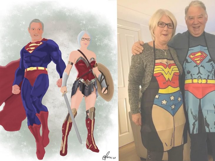 Incredible things done by seniors, Old couple wearing aprons of Wonder Woman and Superman respectively next to an illustration of them as Wonder Woman and Superman respectively