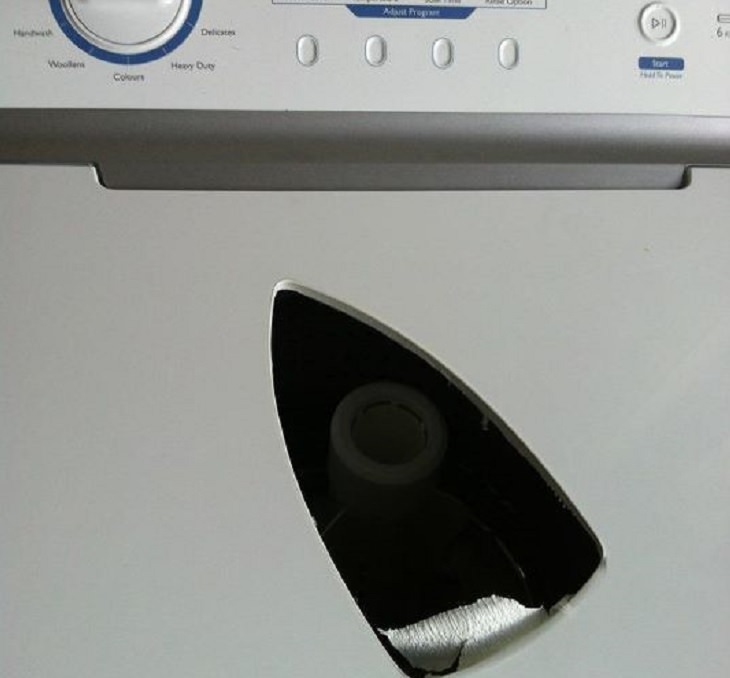 Hilarious ironing fails and mistakes made with hot clothes iron, Iron-shaped hole in washing machine