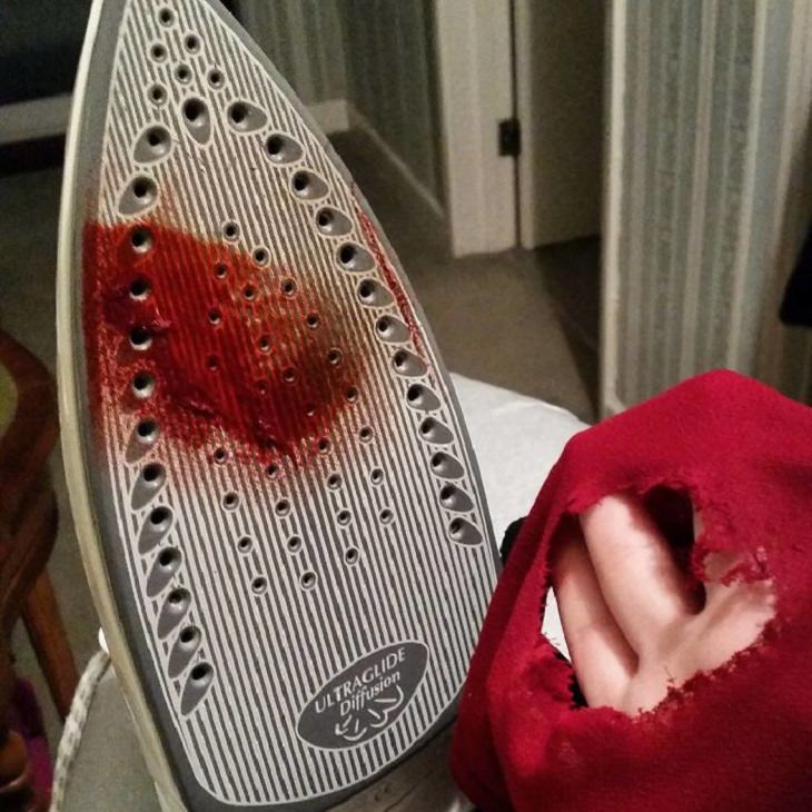 Hilarious ironing fails and mistakes made with hot clothes iron, Chunk of red shirt stuck on iron