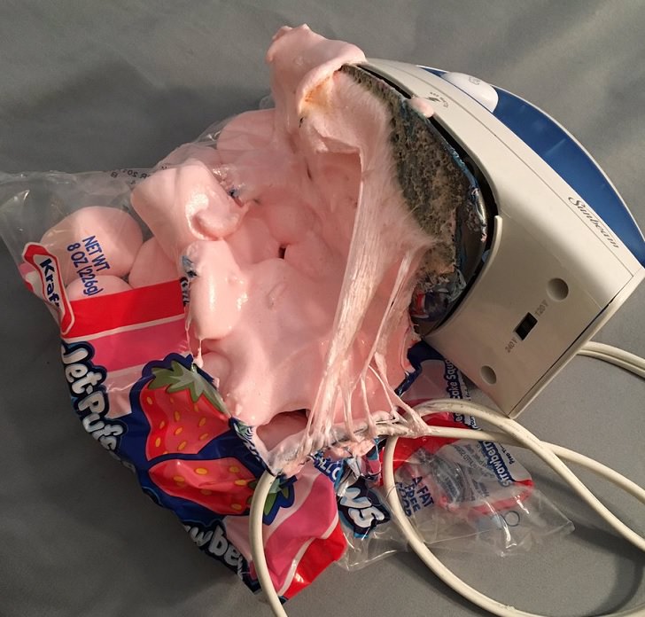 Hilarious ironing fails and mistakes made with hot clothes iron, Iron stuck to melted marshmallows