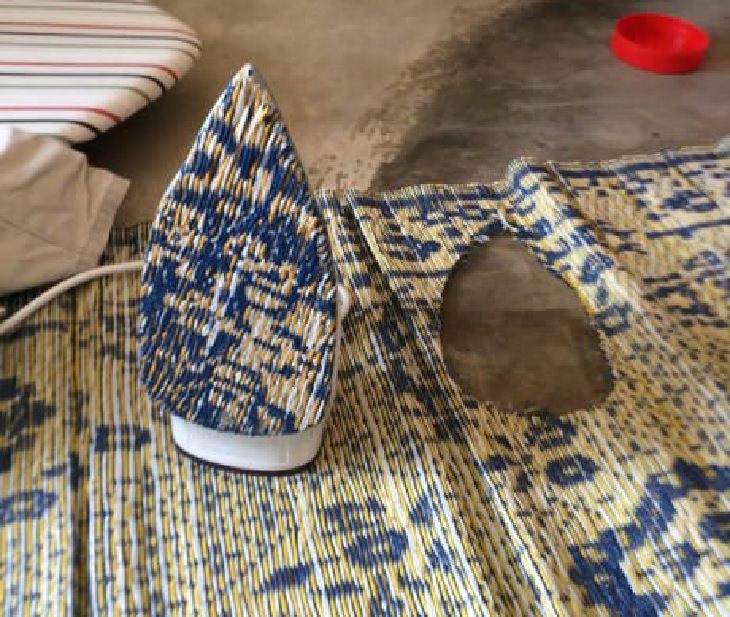 Hilarious ironing fails and mistakes made with hot clothes iron, Iron with piece of bamboo carpet stuck to its flat end