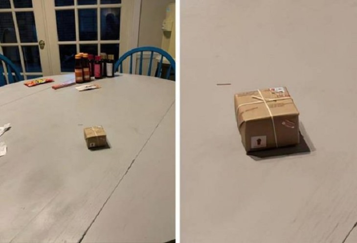Incredibly tiny, small, and miniature everyday items and animals, Small brown mailed package on a table
