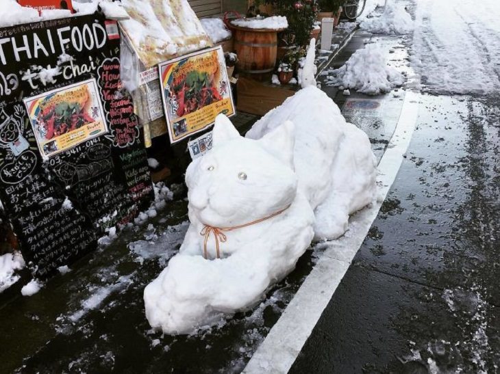 Residents of Tokyo create creative and unique snowmen and ice sculptures, Snow sculpture of cat