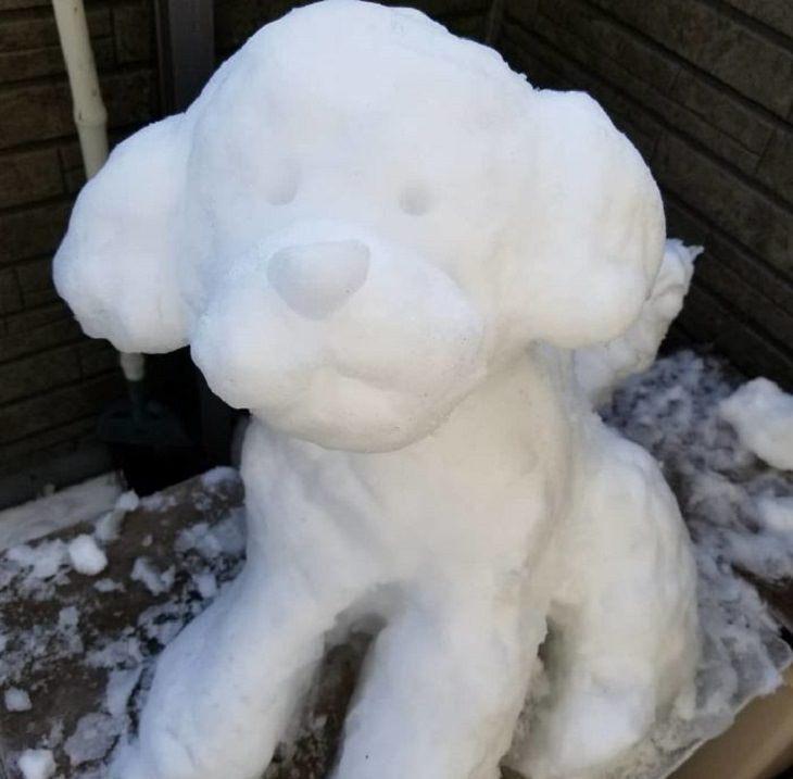 Residents of Tokyo create creative and unique snowmen and ice sculptures, Snow sculpture of a puppy sitting