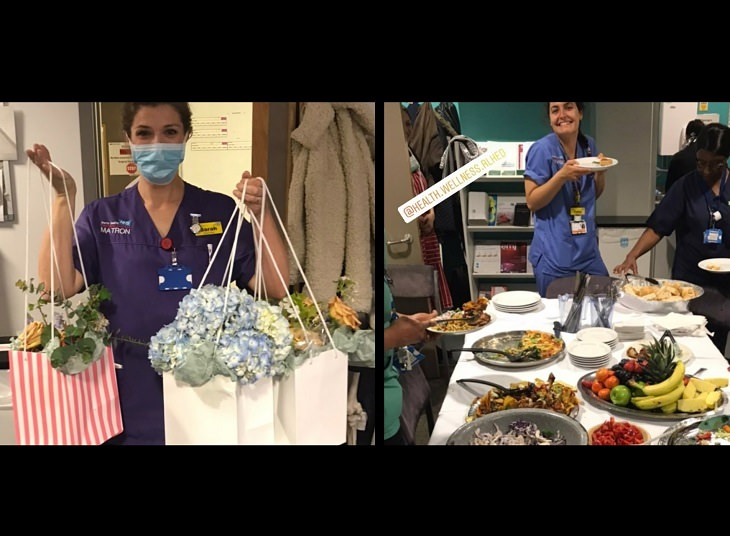 Best feel good stories of 2020, One photo of nurse holding bags of wedding decorations, another of nurse happily eating