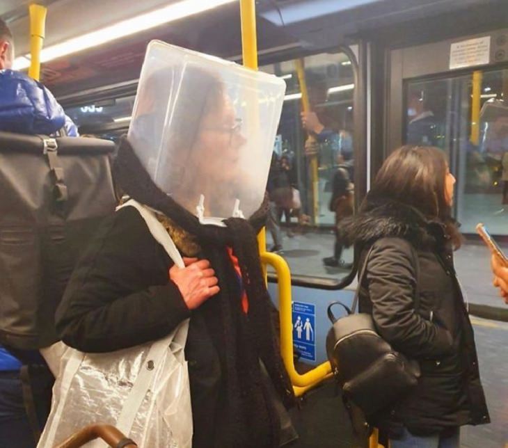 Hilarious photos of strange masks spotted on the subway, Woman wearing a translucent box on her head