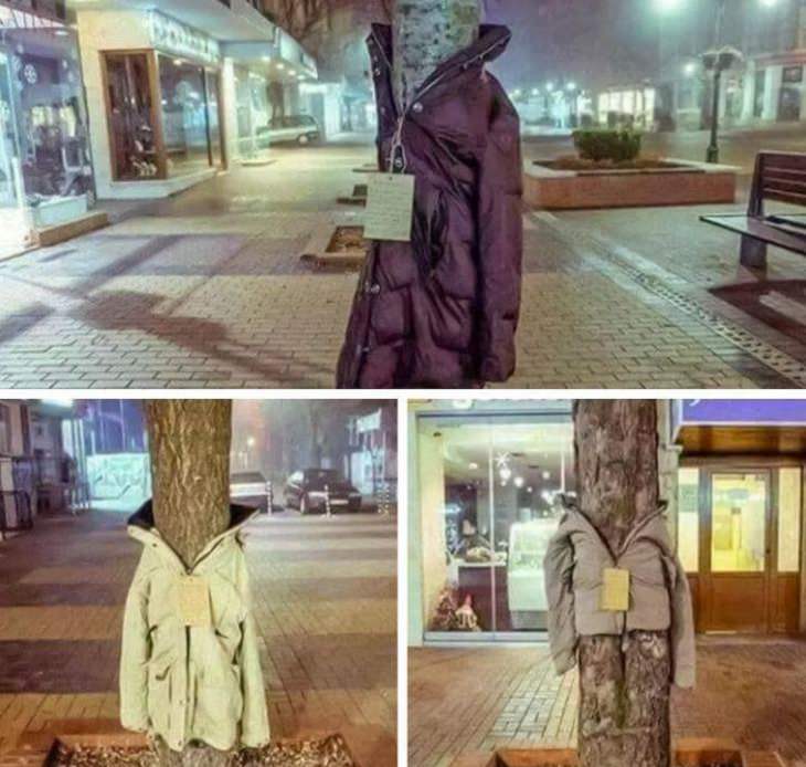 Photos of feel good stories that will make you smile, Multiple pictures of jackets wrapped around trees