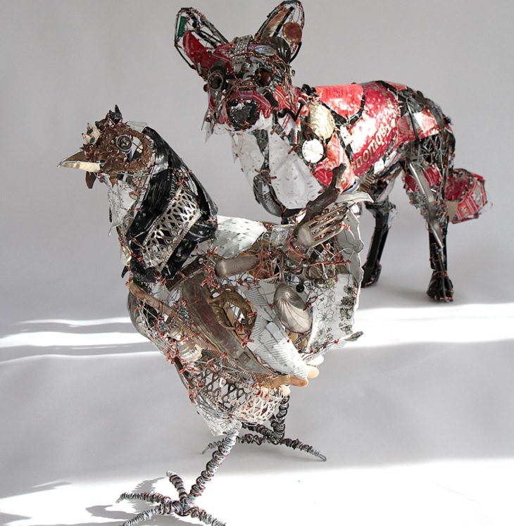 Beautiful animal sculptures made out of recycled scrap metal by Barbara Franc, The Fox and the Hen