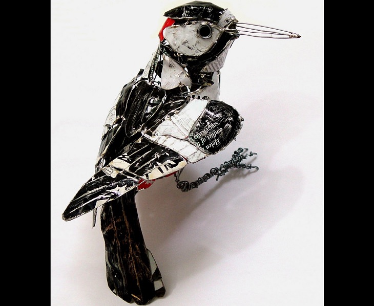 Beautiful animal sculptures made out of recycled scrap metal by Barbara Franc, Greater Spotted Woodpecker