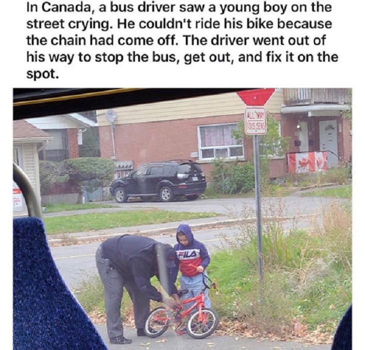 Photos of feel good stories that will make you smile, Bus driver helping a crying child fix his bicycle