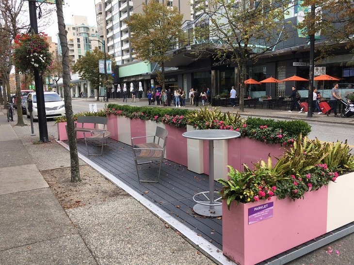 Smart, beautiful, innovative, and unique designs found in cities around the world, Parklets, parking spaces on the street repurposed for sitting in Vancouver, British Columbia