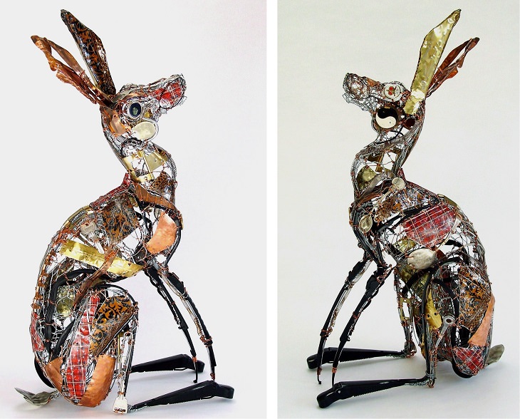 Beautiful animal sculptures made out of recycled scrap metal by Barbara Franc, Highland hares