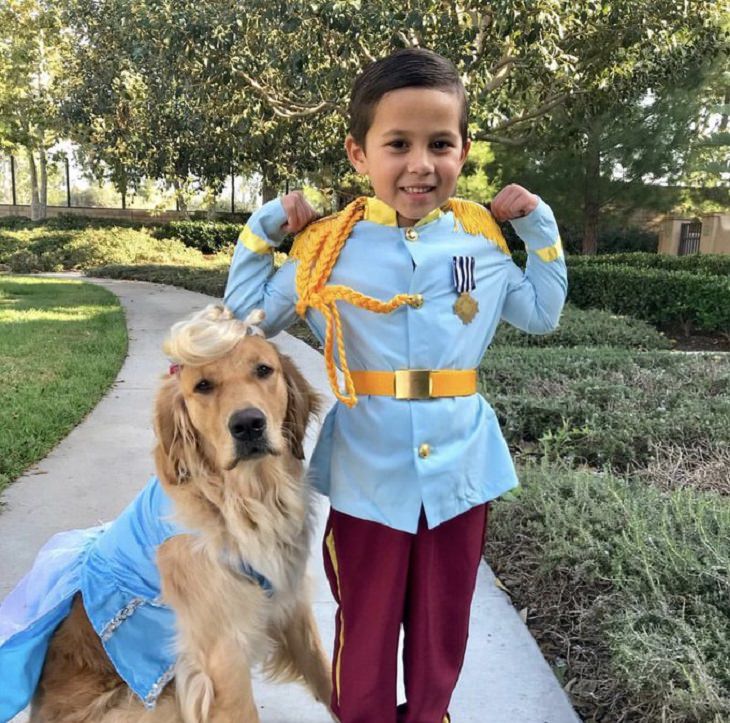 Cute and funny pet costumes for Halloween 2020, Golden retriever dressed as cinderella with child dressed as prince charming