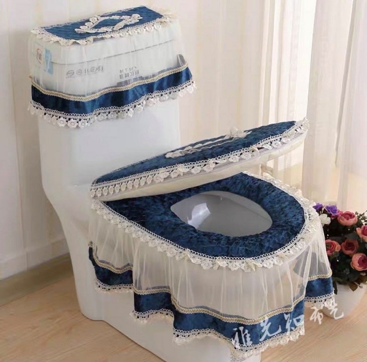 Hilarious bad DIY projects that failed, Toilet decorated with blue lace