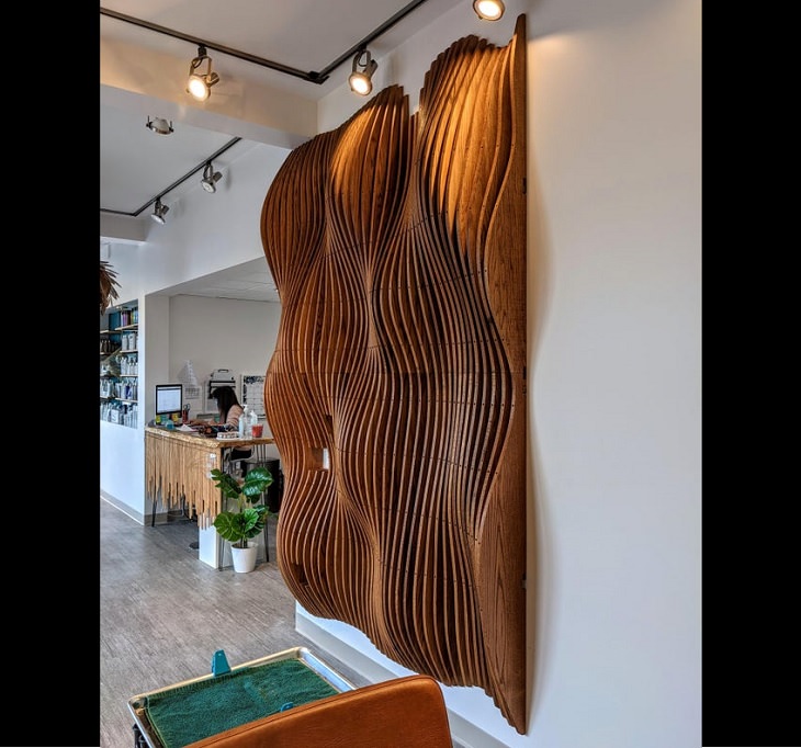 Wood masterpieces made by amateurs and experts, A giant red oak wave wall with cut-outs for outlets and wires