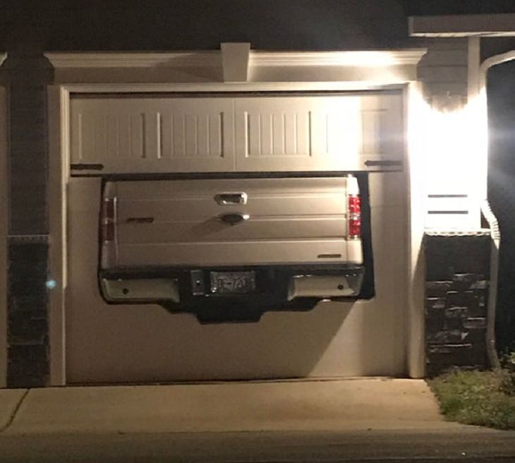Hilarious bad DIY projects that failed, Truck sticking out of garage through cut-out hole the size of the car bumper