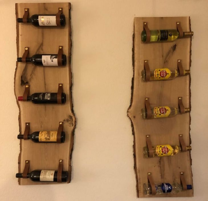 Wood masterpieces made by amateurs and experts, Wine shelves made with leather straps and carved out of wood