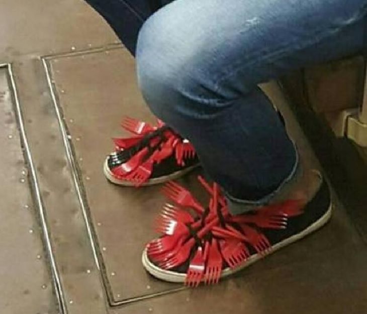 Hilarious bad DIY projects that failed, Shoes with numerous forks tied into the laces
