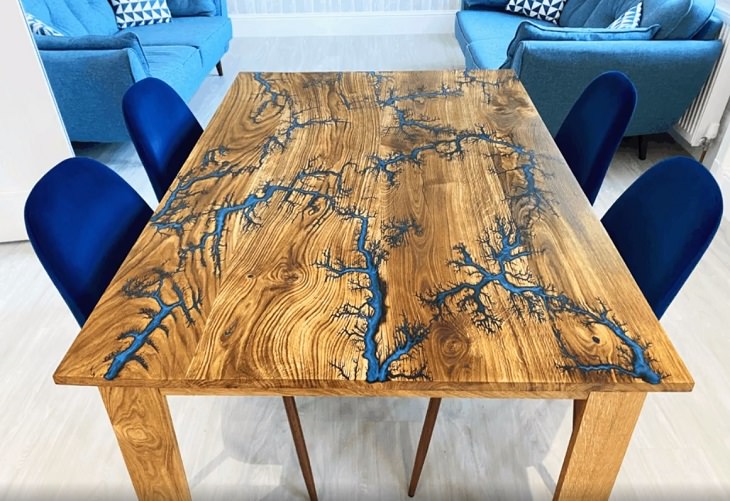 Wood masterpieces made by amateurs and experts, Wooden table with blue veins on it