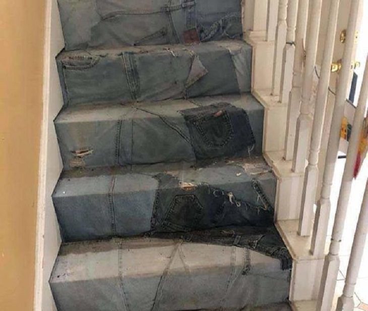 Hilarious bad DIY projects that failed, Staircase lined with denim