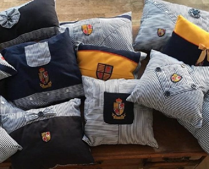 Quarantine DIY and homemade projects, Pillows made out of school uniforms