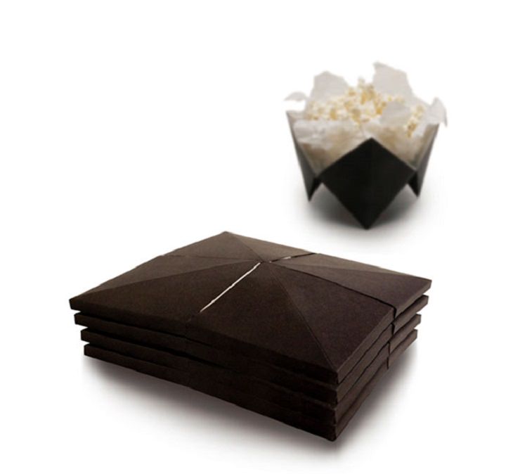 Products with unique and creative packaging, A popcorn packet that pops-up into a bowl when the popcorn is ready