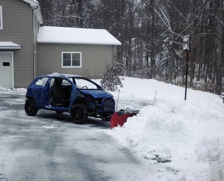 Makeshift, unique, and creative snowplows, dismantled car snowplow