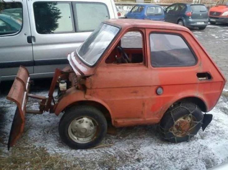 Makeshift, unique, and creative snowplows, snowplow made from half a car