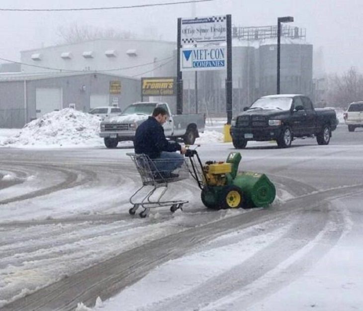 Makeshift, unique, and creative snowplows, person using a lawnmower as a snowplow